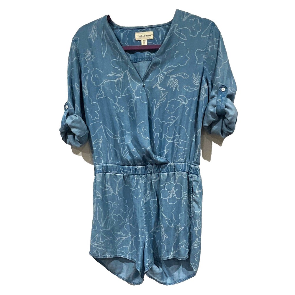 Cloth & Stone Blue Floral Tencel Romper XS Surplice V-Neck Roll Tab Sleeve C1470
